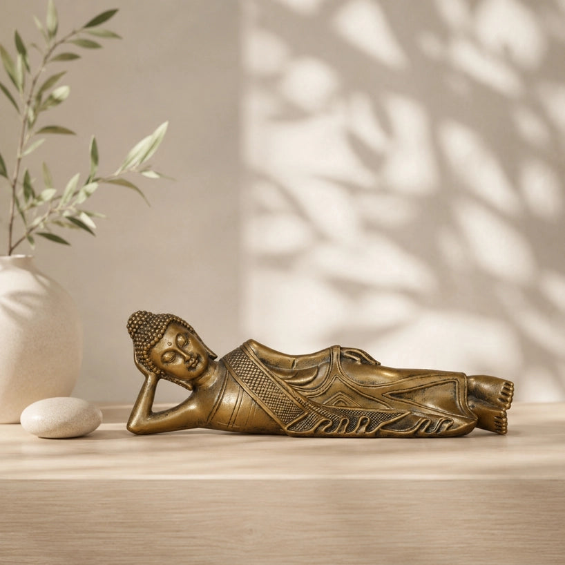 Statue Bouddha Doré Couché Décoration Feng Shui