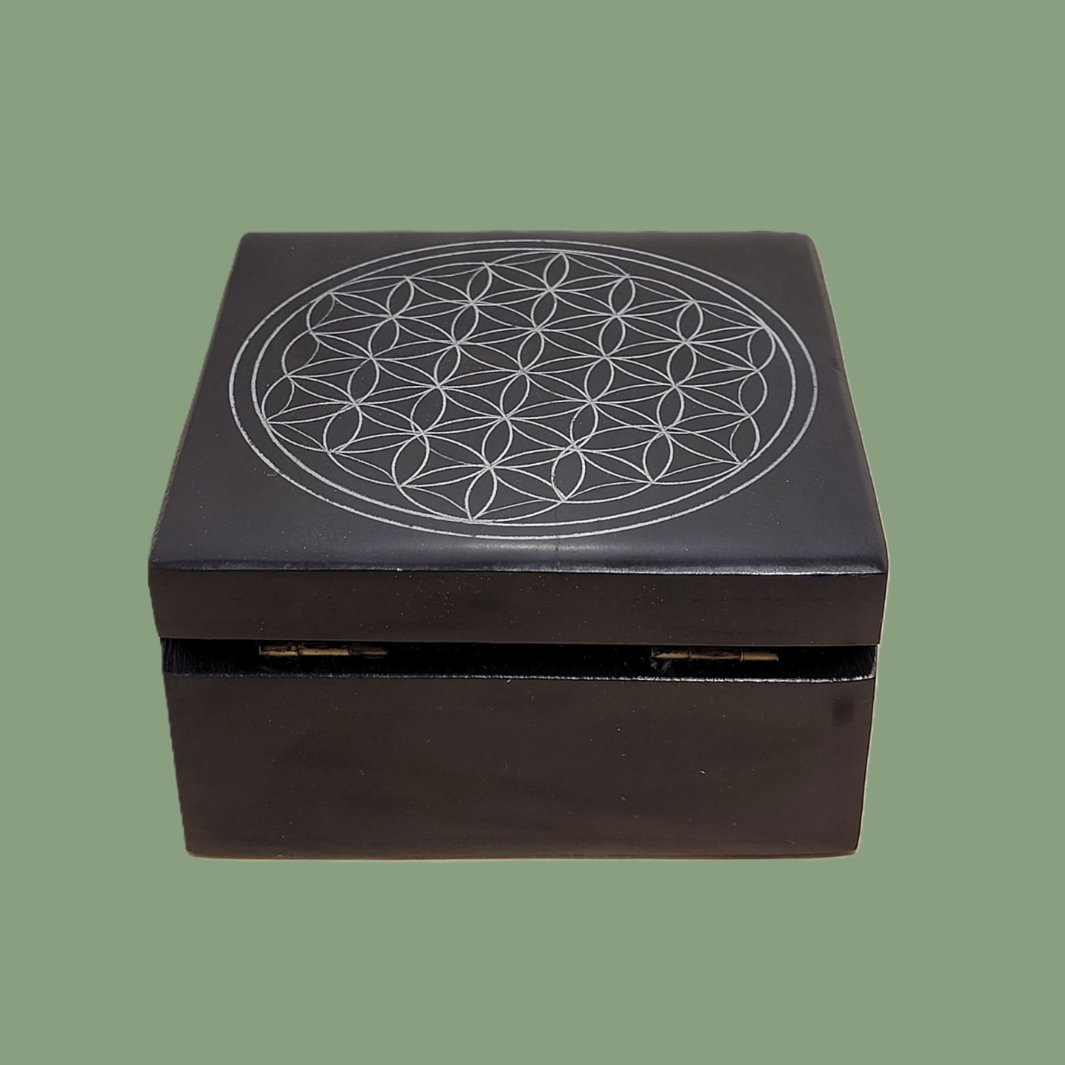 Boîte à Bijoux « Fleur de Vie » Carrée en Saponite Naturelle