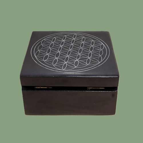 Boîte à Bijoux « Fleur de Vie » Carrée en Saponite Naturelle