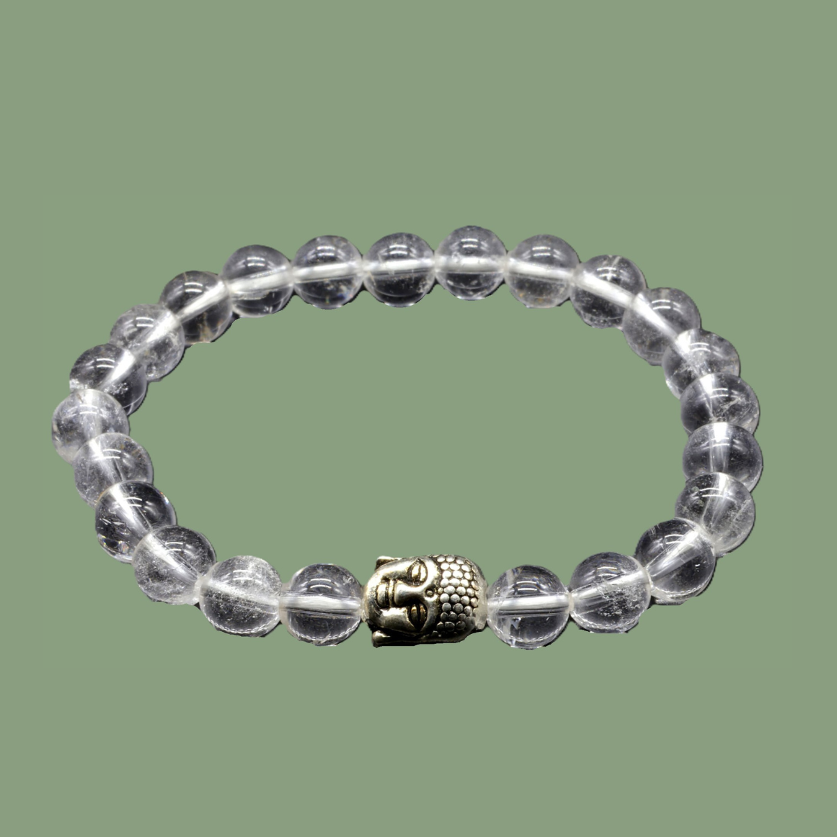 Bracelet Élastique Cristal de Roche & Tête de Bouddha (Perles de 8 mm – Origine Brésil)