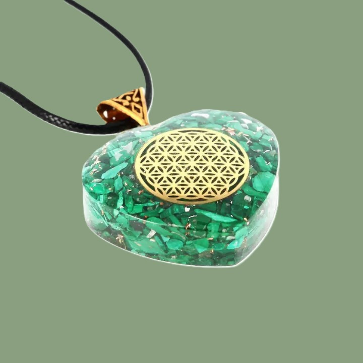 Pendentif Orgonite en Malachite Véritable & Fleur de Vie