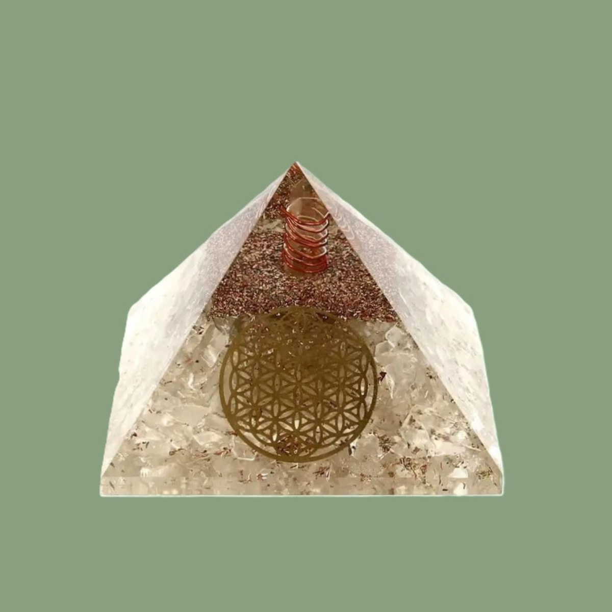Pyramide Orgonite en Cristal de Roche & Fleur de Vie