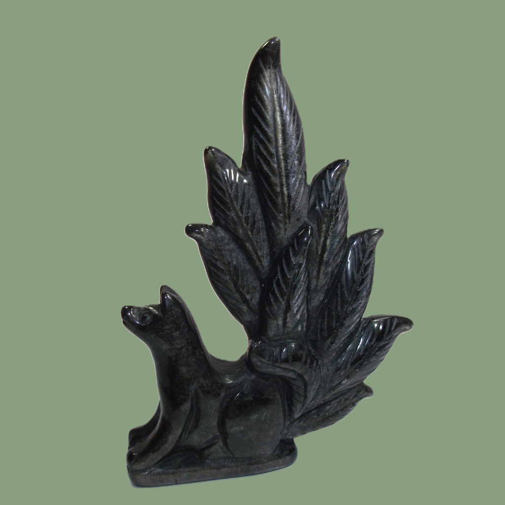 Statuette Renard Kitsune en Obsidienne Argentée