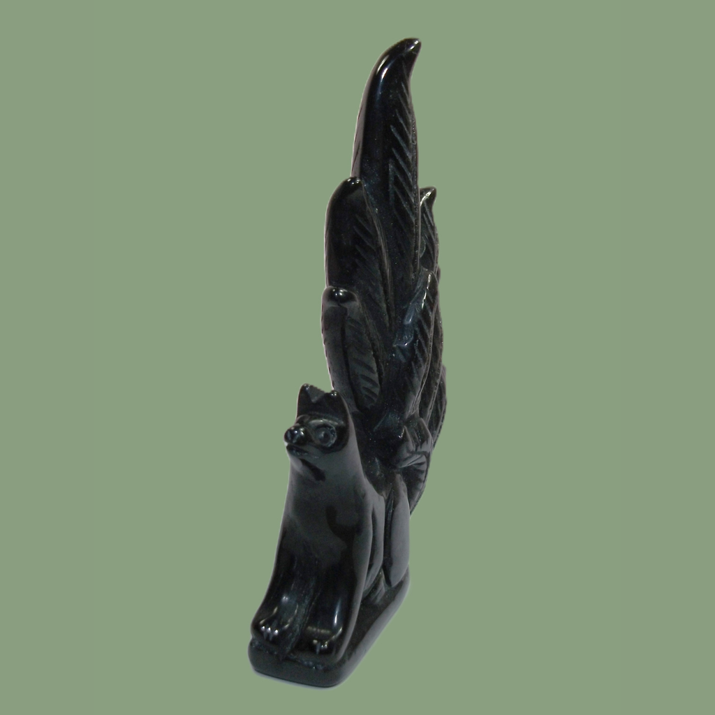 Statuette Renard Kitsune en Obsidienne Argentée