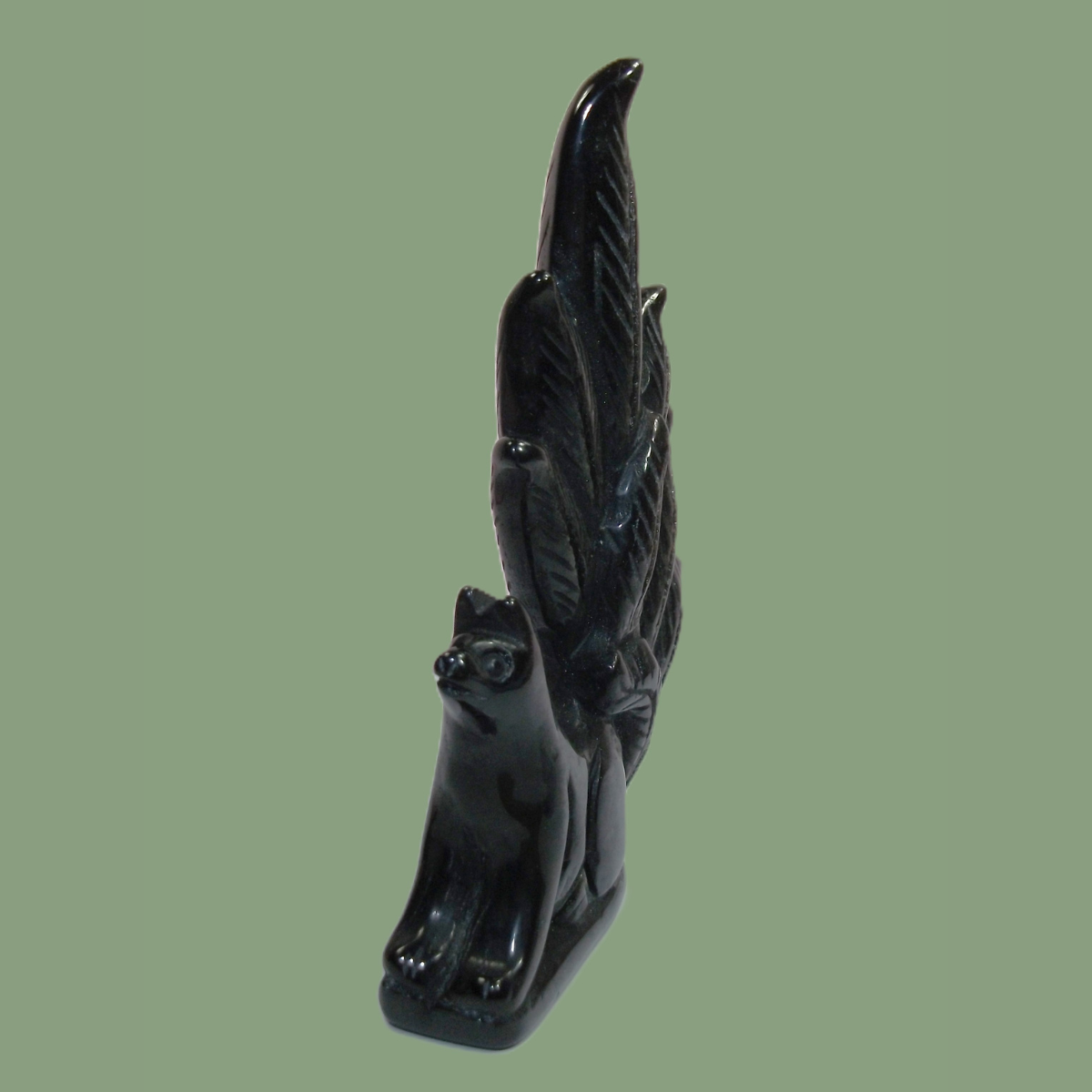 Statuette Renard Kitsune en Obsidienne Argentée