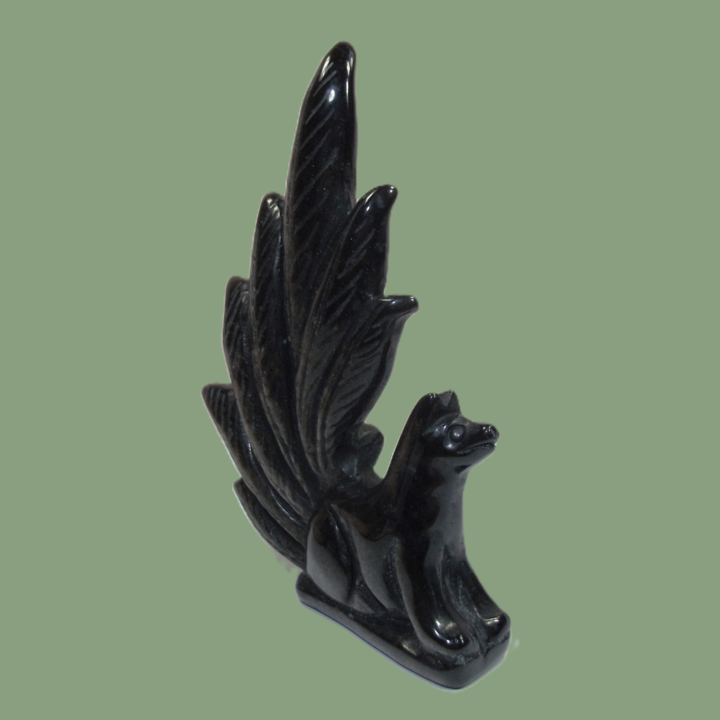 Statuette Renard Kitsune en Obsidienne Argentée
