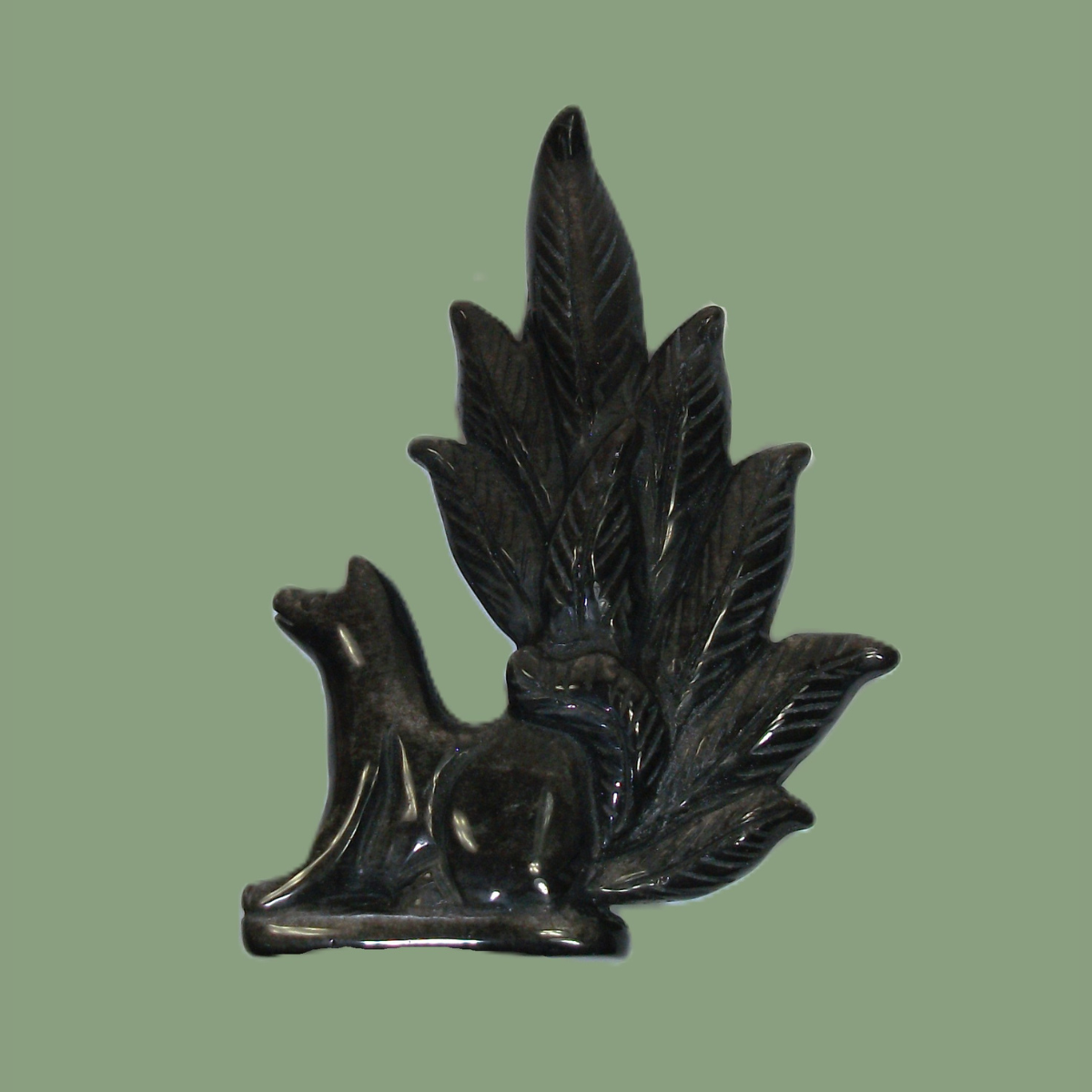 Statuette Renard Kitsune en Obsidienne Argentée