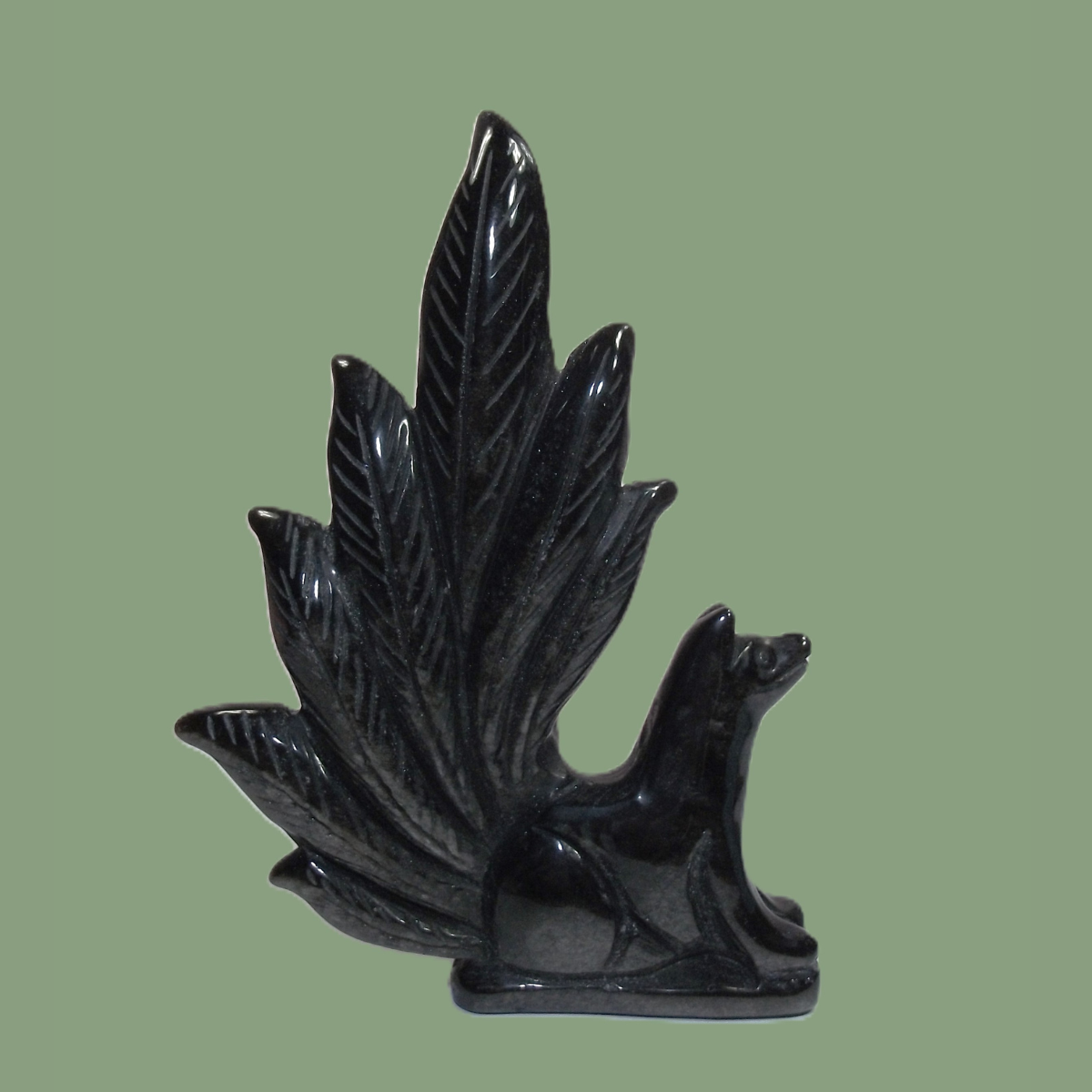 Statuette Renard Kitsune en Obsidienne Argentée
