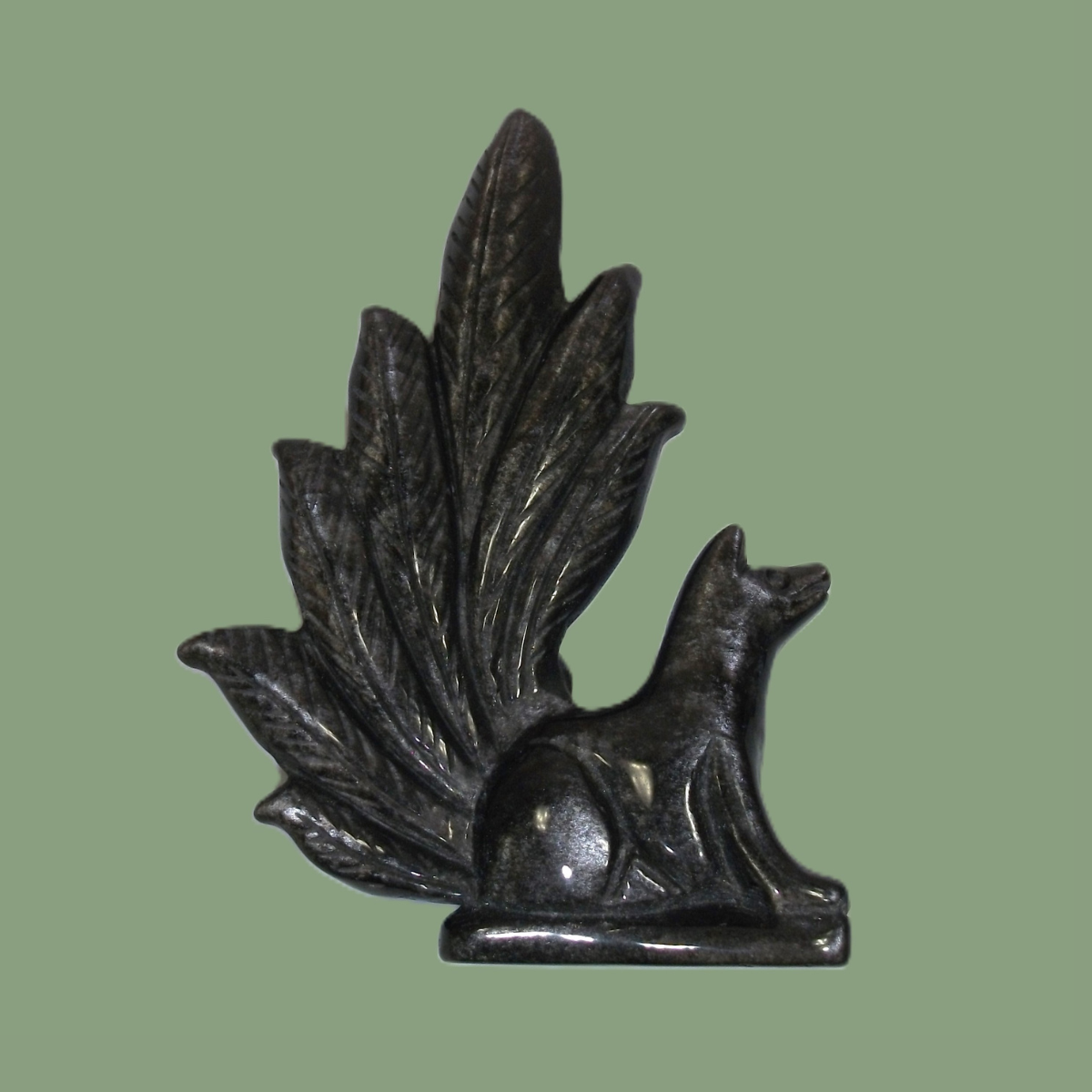 Statuette Renard Kitsune en Obsidienne Argentée
