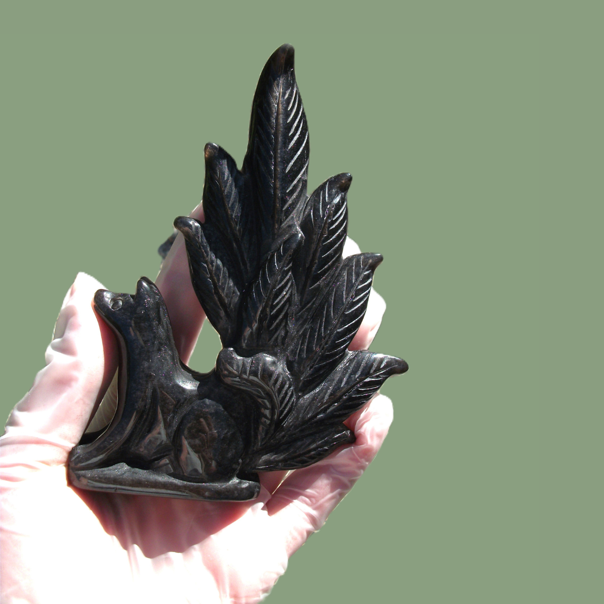 Statuette Renard Kitsune en Obsidienne Argentée